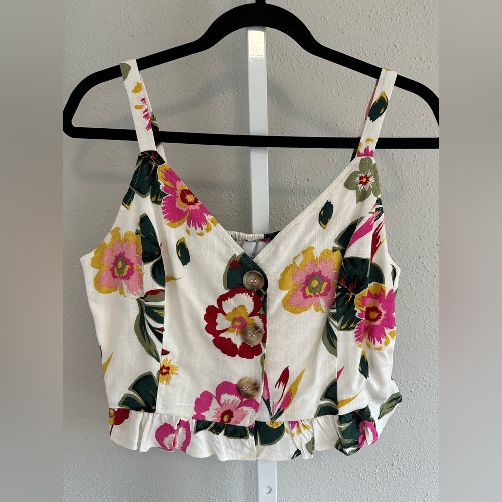 Anthropologie J.O.A. Floral linen blend crop tank top size Large